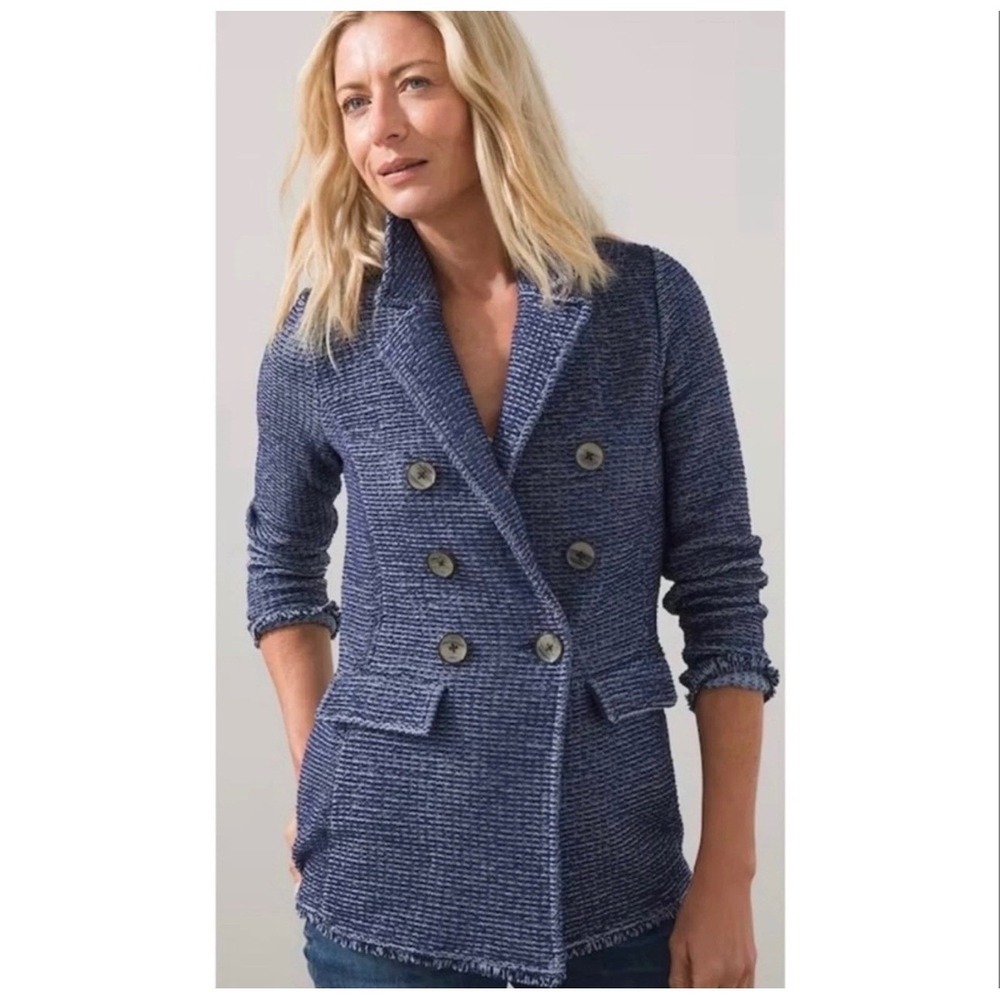 Chico's Knit Blazer Women Size 2 Large Blue Double Breasted Fringe Trim Cardigan